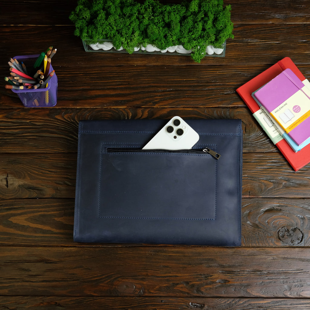 Leather folder A4 with pocket Navy blue